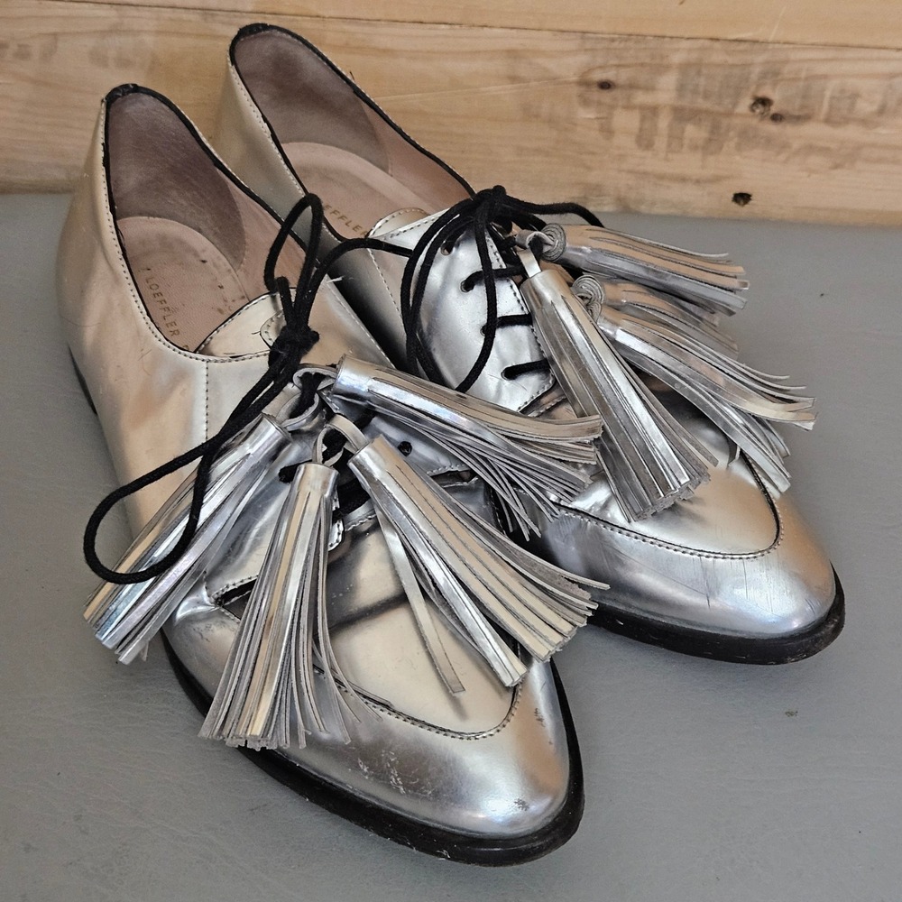 Loeffler Randall Jasper Silver Metallic Leather Tassel Oxfords Shoes 7.5B